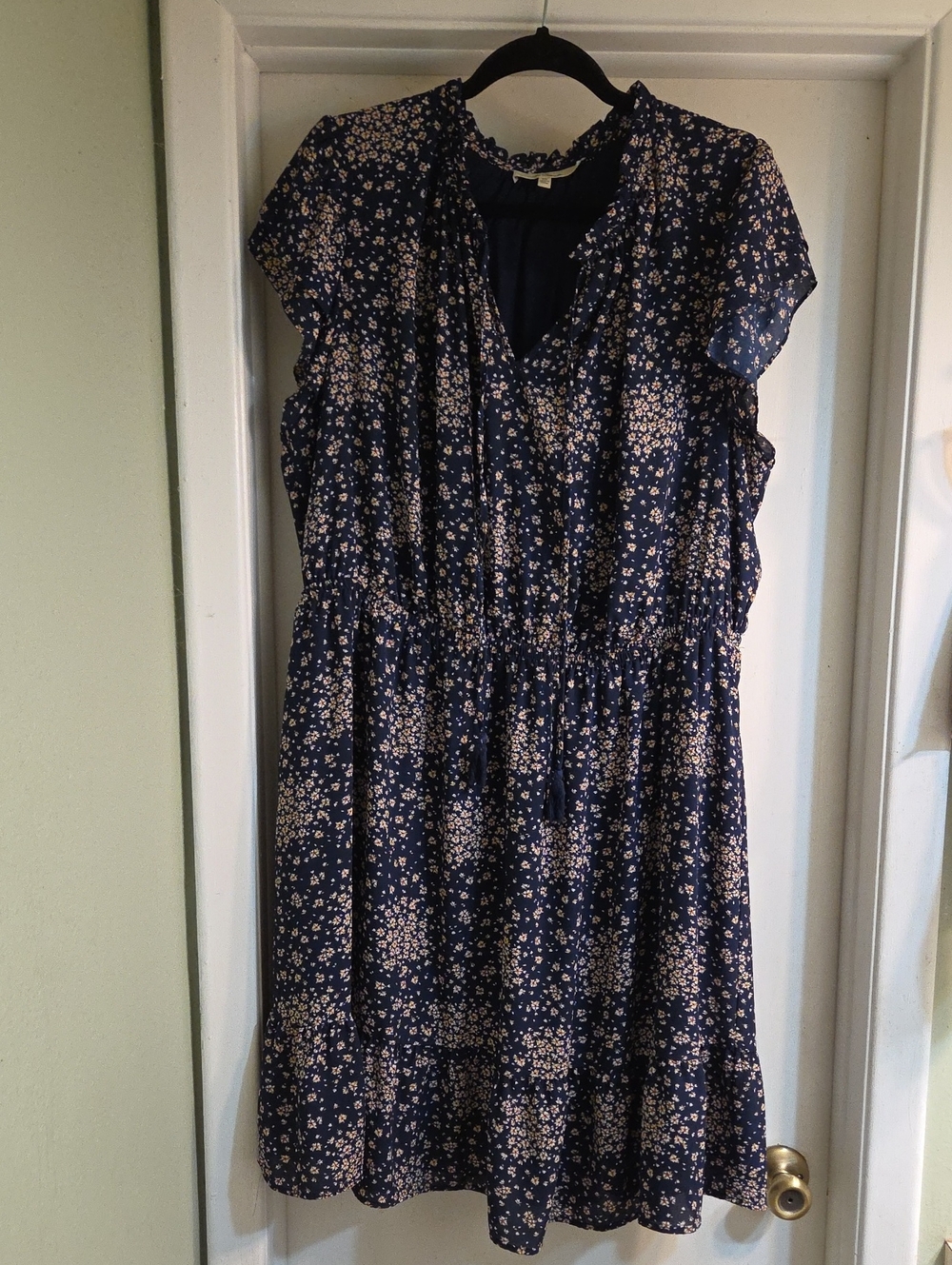 Flutter Sleeve Navy Midi Dress with Beige Floral Print